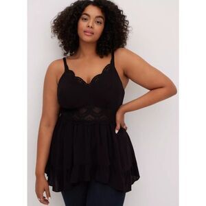 Torrid Womens Plus Size 1X Babydoll Gauze Lace Inset Cami Top Casual Tank Black